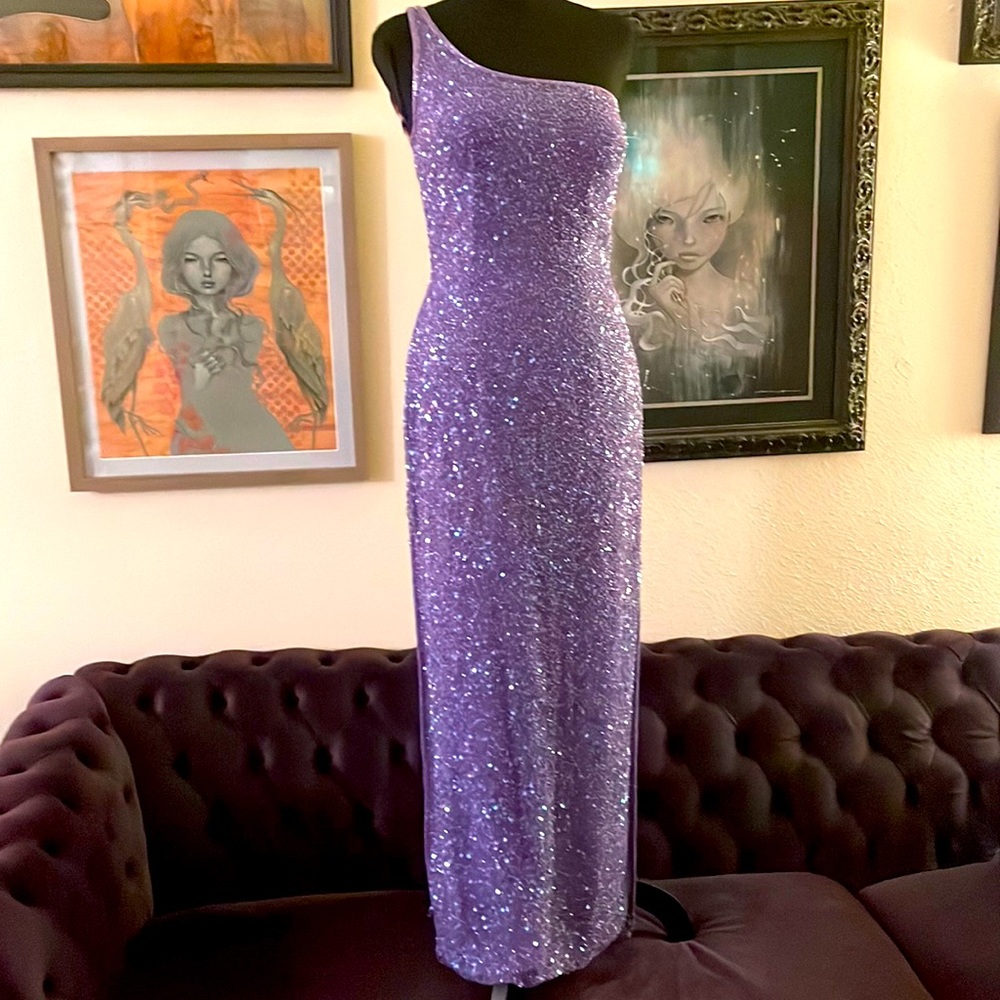 COPY - SCALA one shoulder lavender heavily beaded gown with lattice back